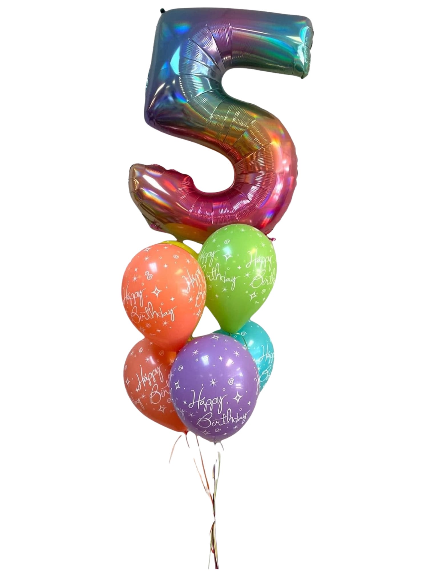 Rainbow number 5 balloon with colorful birthday balloons