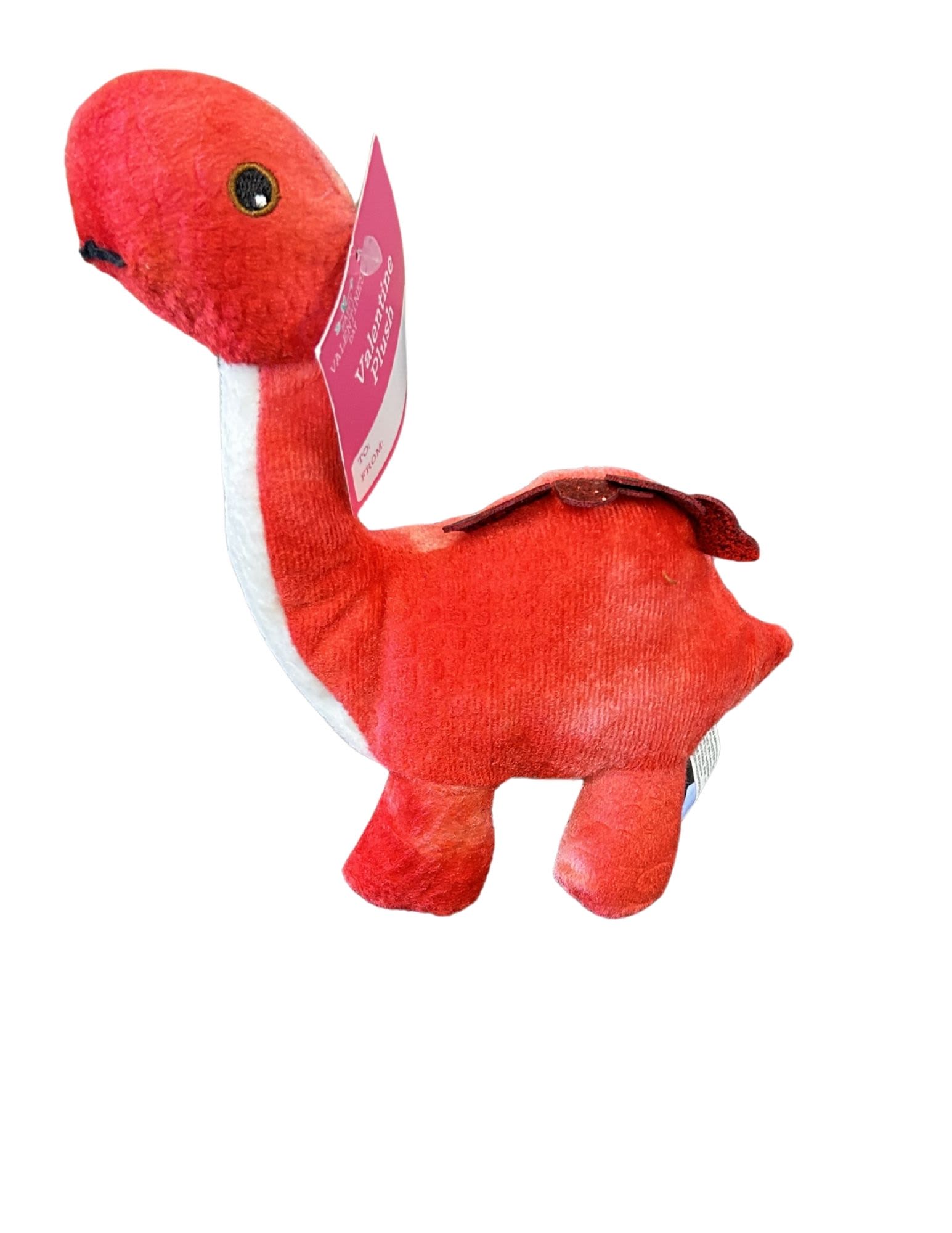 Red plush dinosaur toy with a tag on a white background