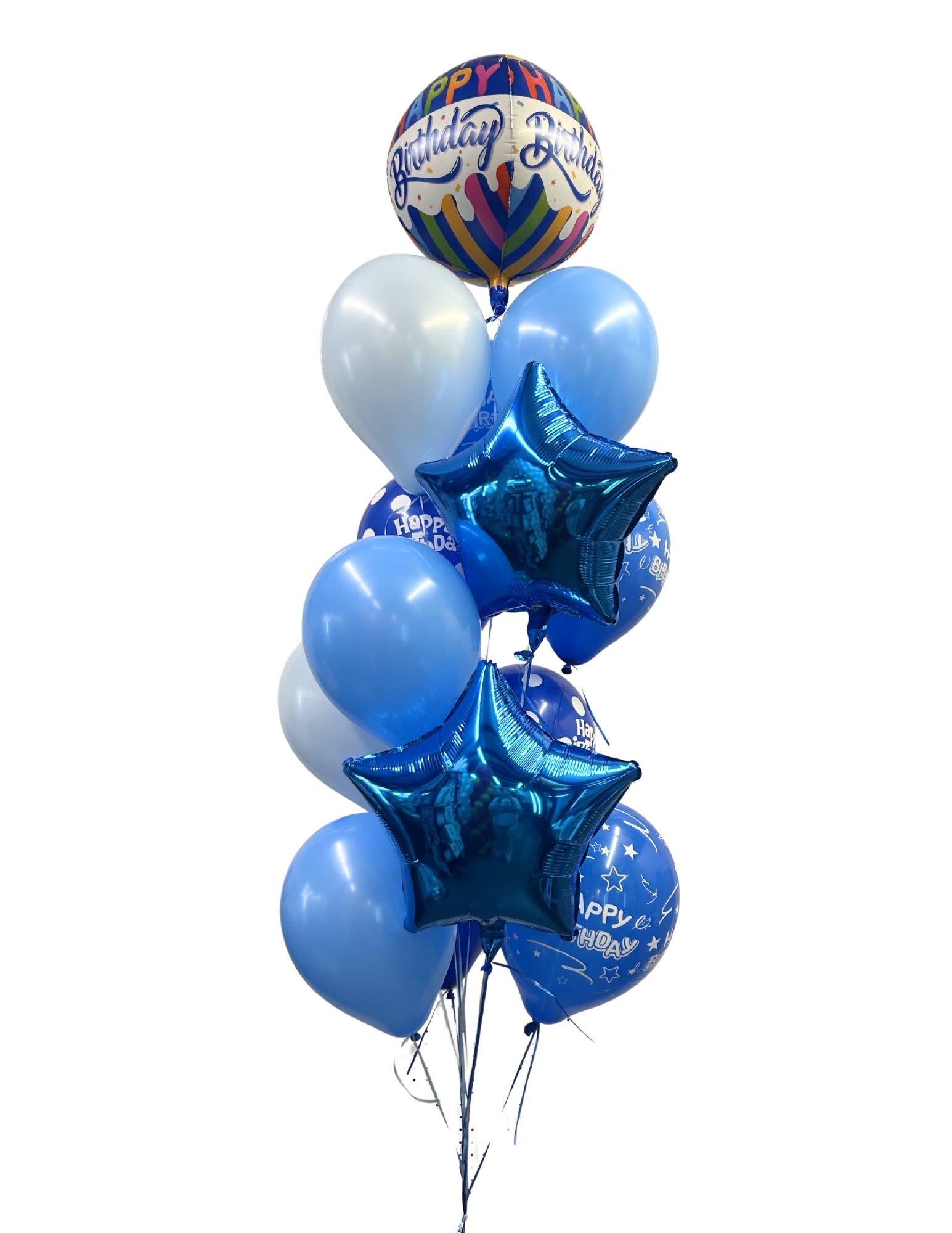 Cluster of blue birthday balloons with two star-shaped foil balloons
