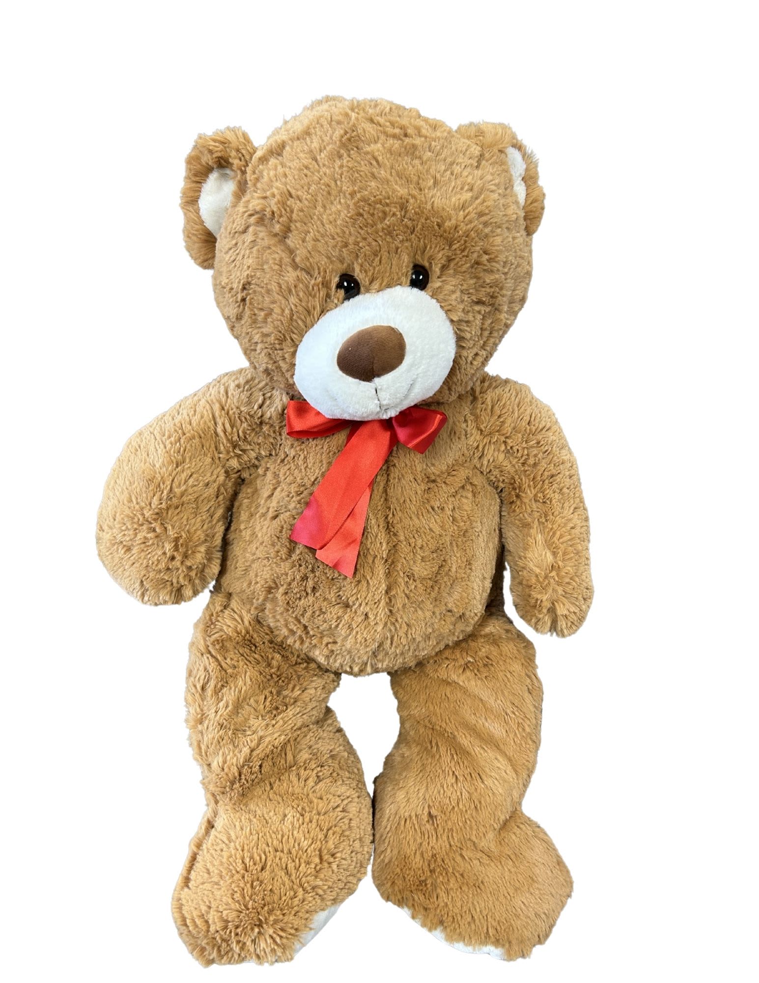 Brown teddy bear with a red ribbon bow on a white background