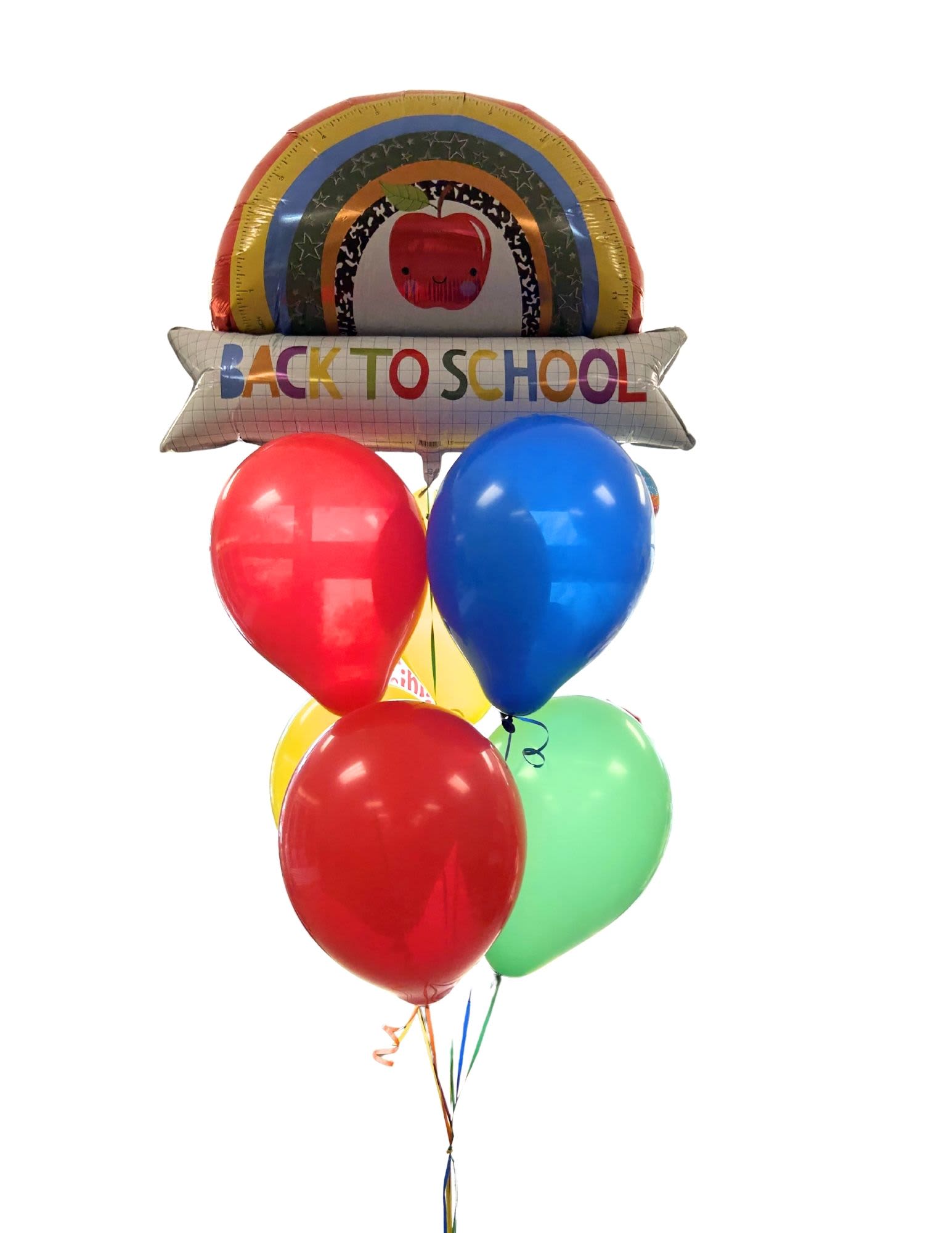 Back to school balloon bouquet with rainbow and apple balloons