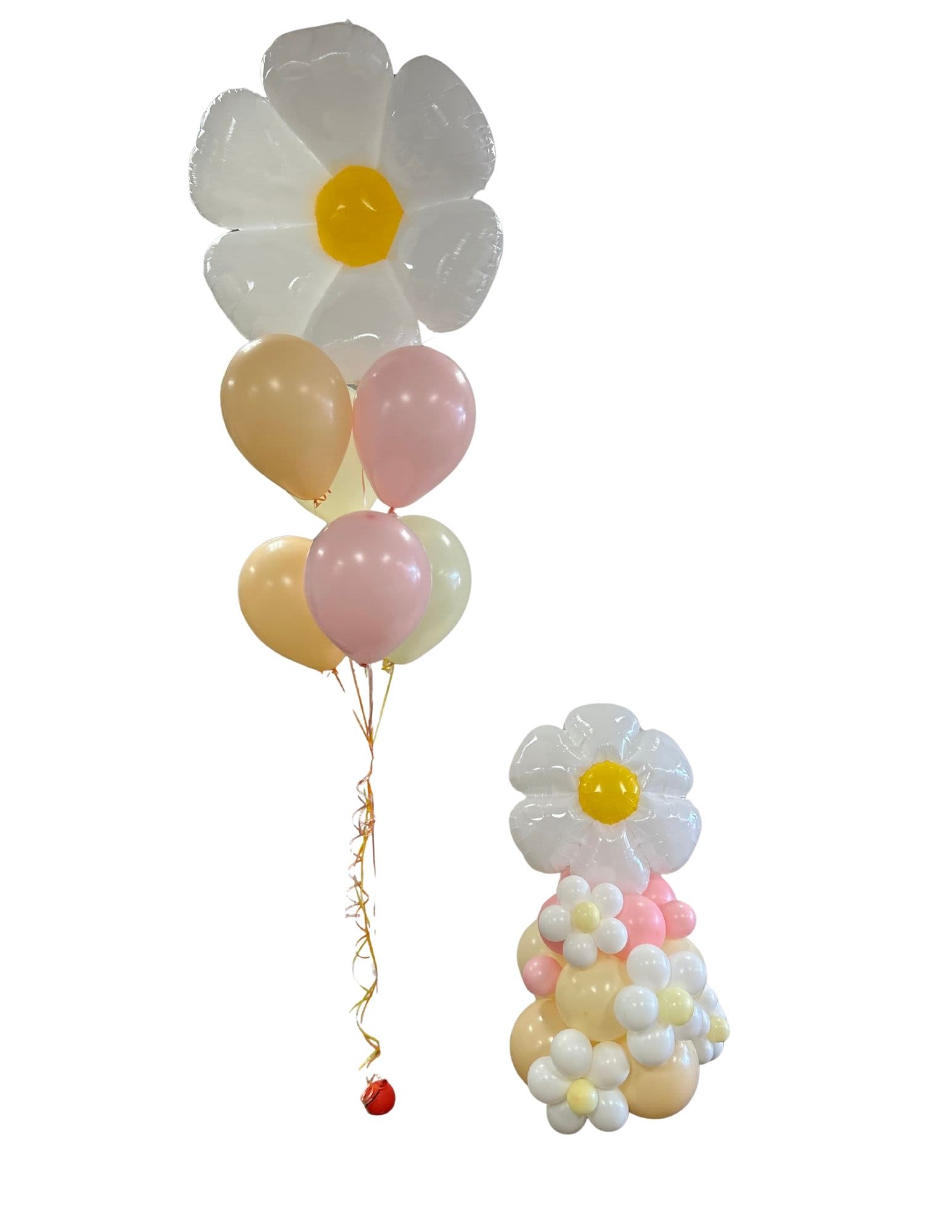 Balloon bouquets shaped like white daisies with pastel balloons