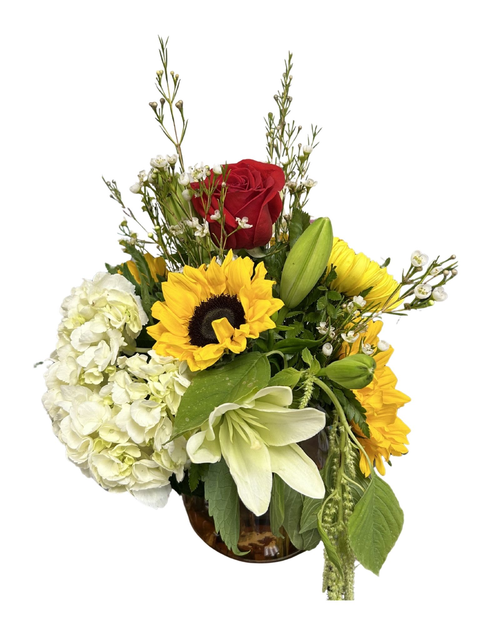 Bouquet of sunflowers, white hydrangea, and a red rose in a glass vase