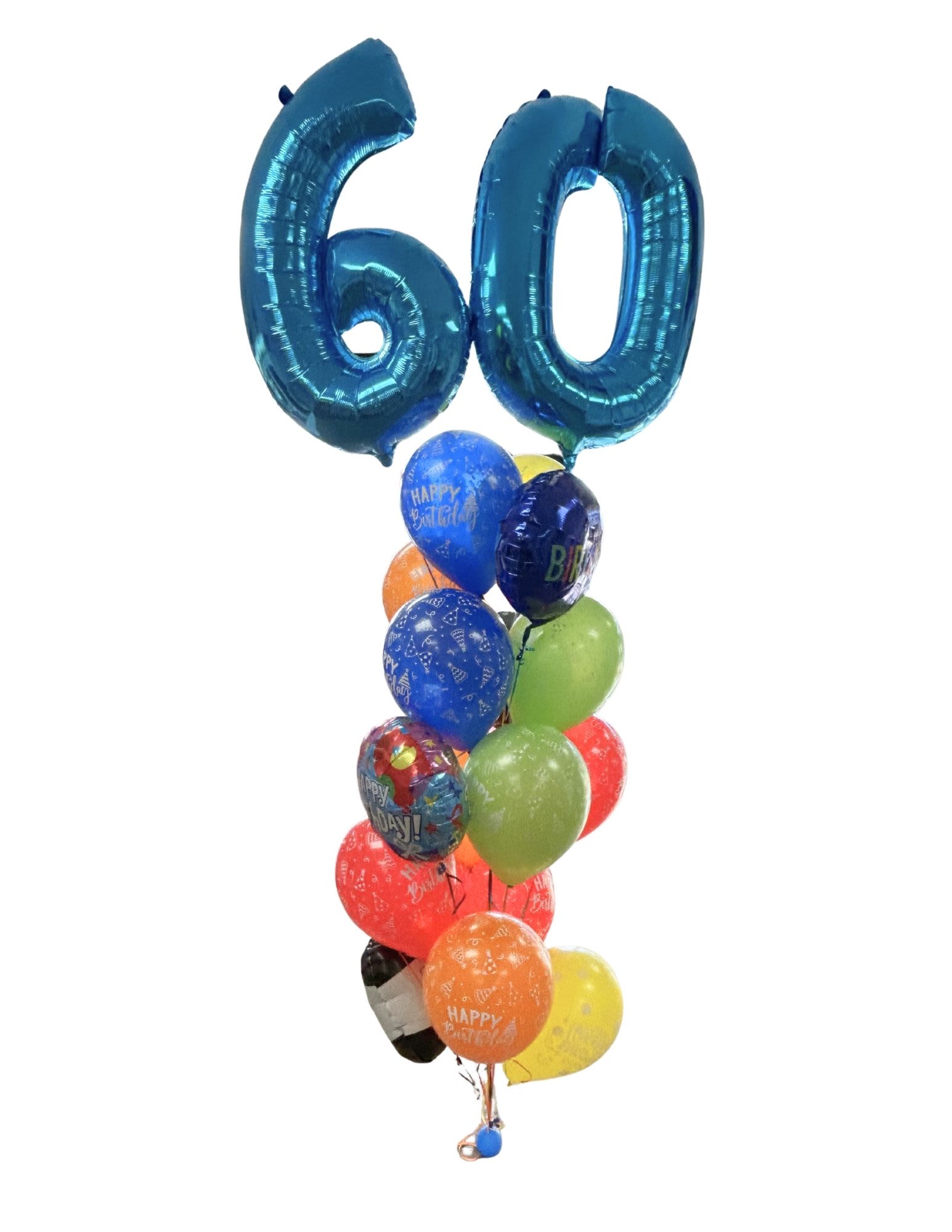 Cluster of birthday balloons with large blue "60" numerals