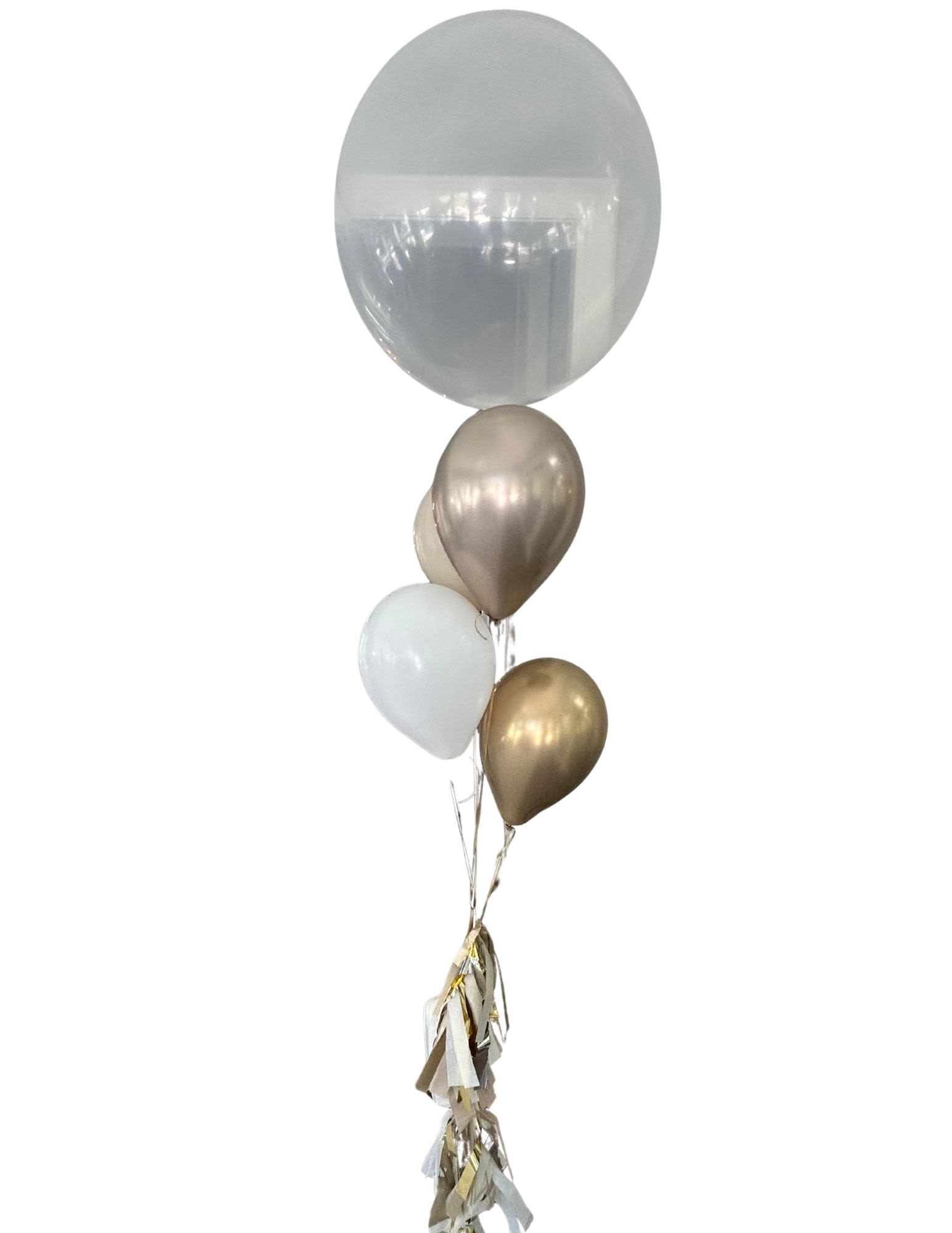 Cluster of metallic and clear balloons with ribbon tassels