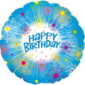 18" Blue Stars  - A bold, celebratory 18" Blue Stars foil balloon that instantly announces "Happy Birthday" with a bright blue border and a white center-perfect for birthday gifts and party decorations. The playful firework bursts in pink, yellow, green, purple, and light blue give it a festive, kid-friendly energy that makes the person you're celebrating feel noticed and cheered.  This round foil balloon measures 18 inches and features colorful starburst graphics and scattered dots around the message for high visual impact on a bouquet, centerpiece, or as a single pick-me-up. Long-lasting and helium-ready, it pairs beautifully with mixed-color or white flowers and is an easy way to add height and sparkle to any arrangement or party setup.