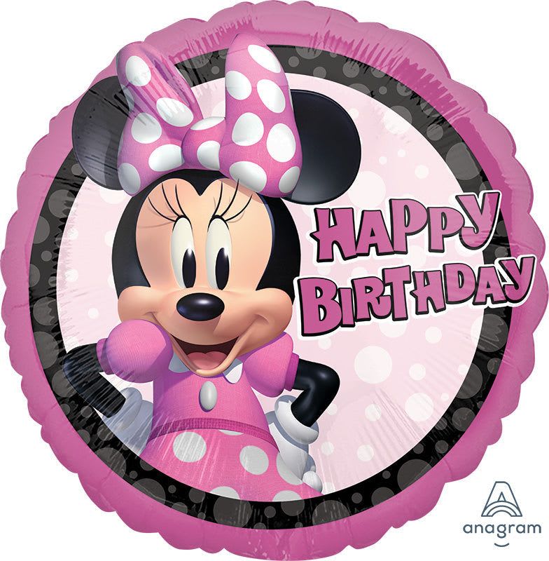 18" Minnie Mouse Mylar  - Make any little fan feel like the guest of honor with this 18" Minnie Mouse Mylar birthday balloon - a playful, child-friendly foil balloon perfect for a birthday party or to tuck into a gift delivery. The bright pink, black, and white palette, Minnie's signature polka-dot dress and oversized bow create an instantly cheerful look, while bold "Happy Birthday" text makes the occasion unmistakable.  Durable foil construction holds helium longer than latex, so she'll enjoy the smiling Minnie throughout the celebration. Use it as a standalone party accent, tied to a gift, or paired with balloons and blooms for a festive bouquet upgrade; sizing is approximately 18 inches across when fully inflated. Ideal for young children, Minnie fans, or anyone who needs a fun, themed touch to their birthday surprise.