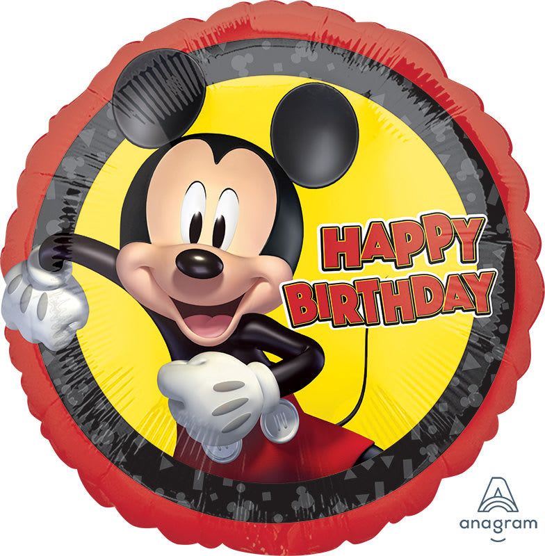 18" Mickey Mouse Mylar  - Bright, playful and instantly recognizable, this 18" Mickey Mouse Mylar balloon is a joyful birthday accent that will make a child (or any Disney fan) feel celebrated. The round foil balloon features a large, smiling Mickey on a bright yellow field with a red scalloped border and bold "Happy Birthday" lettering-perfect for birthday parties, kid's room surprises, or as a cheerful topper to a gift arrangement.  Crafted from foil, the balloon holds helium well and keeps its vibrant red, yellow, black, and white colors looking crisp throughout the celebration. At 18 inches across, it's a great size to float above a table centerpiece, tie to a gift, or include with flowers for an extra-special surprise. Order with standard delivery or pickup and we'll include inflation and professional finishing so it arrives party-ready.