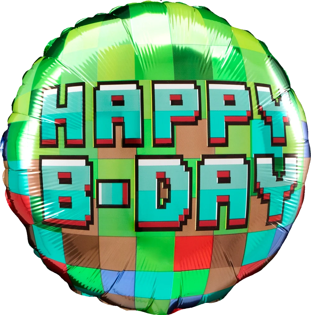 18" Pixel Block Bday  - Bright, pixelated blocks of green, aqua, blue, red and brown form a playful, video-game-inspired "Happy Birthday" on this 18" round foil balloon-perfect as a birthday balloon or party decoration for kids, gamers, or anyone who loves a retro, colorful vibe. The bold black outlines and glossy metallic surface catch the light and give the balloon a cheerful, celebratory pop that will make the person you're thinking of feel noticed and celebrated.  Made from durable foil and sized at 18 inches, this round foil balloon arrives fully printed with the pixel block design and is ready to be filled with helium or air for tabletop or hanging displays. It pairs easily with other bright balloons or party decor and is an easy, low-effort way to add instant fun to a birthday setup; for best results, inflate with helium for floating impact and avoid extreme temperatures to preserve the glossy finish.
