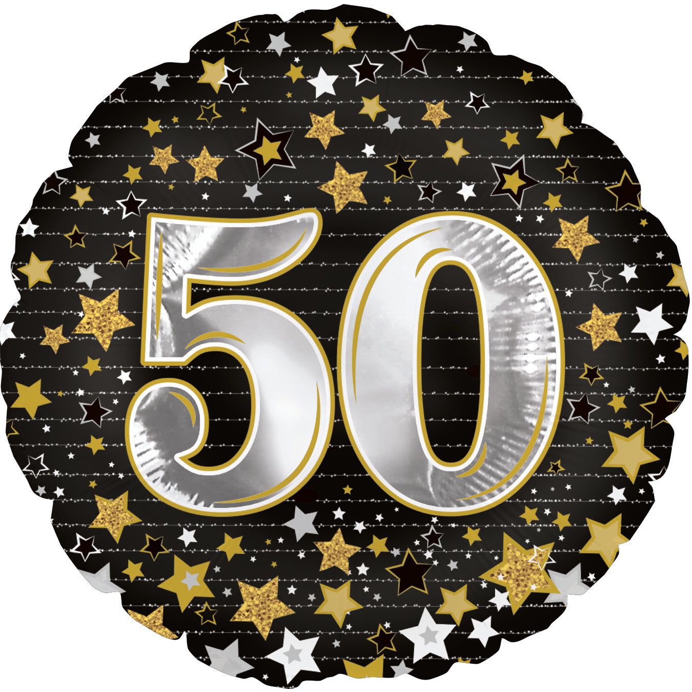 18" 50th Round Mylar  - Celebrate a golden half-century with a bold 18" round foil balloon designed for a 50th birthday or anniversary celebration. The round mylar features a large silver "50" at its center against a deep black background, the contrast creating instant visual impact that makes the honoree feel celebrated the moment they see it. This piece reads festive and party-ready-perfect for milestone birthdays, surprise parties, or to mark 50 years of marriage.  The print is scattered with star accents in gold, white, and metallic tones that shimmer under lights, giving the balloon a lively, upscale look without being fussy. As a hard good, the foil construction holds helium or air well for durable display indoors; at 18 inches, it's large enough to stand out on a table grouping or tied to a chair without overwhelming the space. Pair it with coordinating black, white, or yellow accents to create a cohesive milestone display.  Gift this to the person turning fifty or use it as a focal accent at a family gathering-the design reads fun and celebratory so the recipient will feel seen and honored. For best results, inflate with helium for float time or air and attach to a weight for tabletop decoration; suitable for quick add-on orders to complete a 50th-party setup.