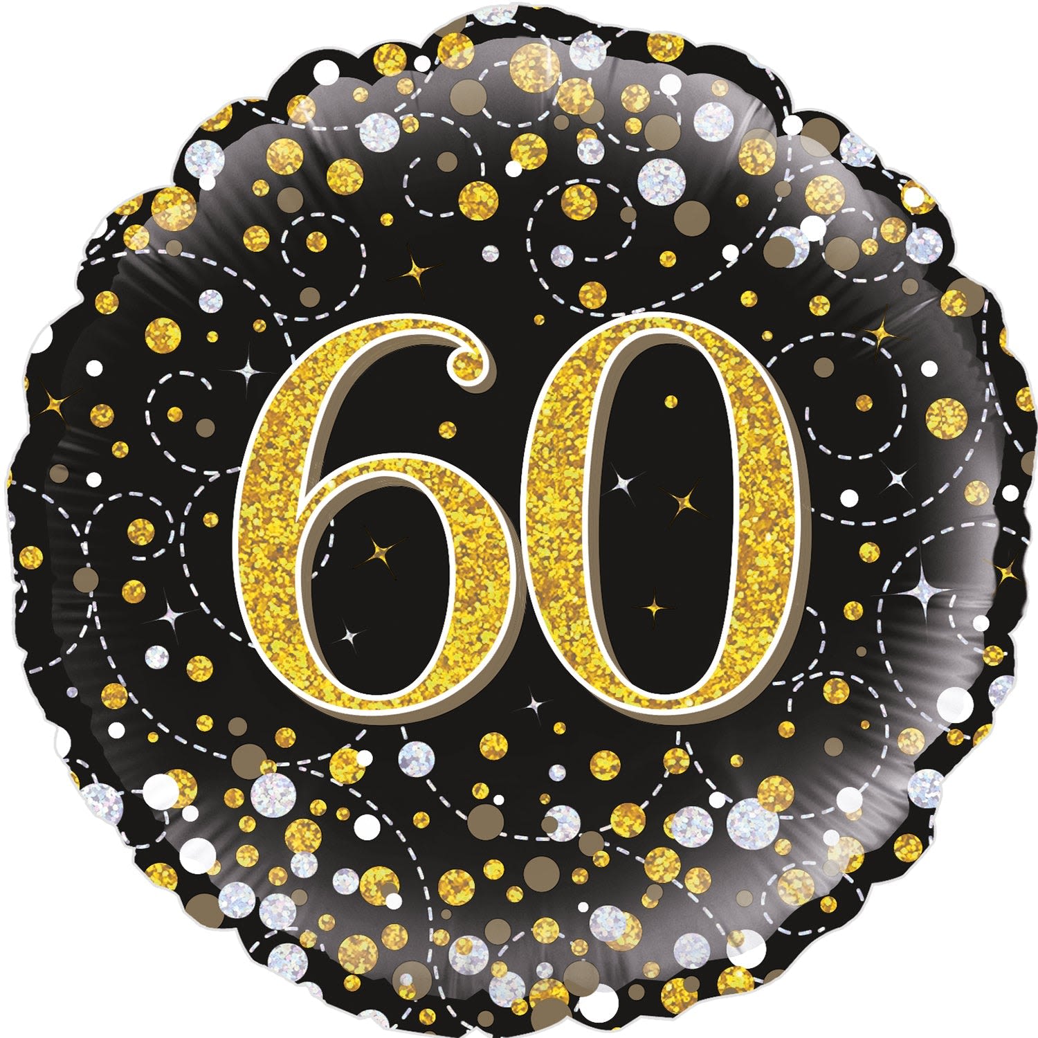 18" 60 Mylar Balloon  - Make the milestone pop with a bold 18" round foil balloon printed with a large gold "60"-perfect for a 60th birthday or anniversary celebration. The black metallic background and oversized gold numerals create an elegant, high-contrast look that reads clearly across a room, so the person you're honoring will feel celebrated the moment guests arrive.  The surface is finished with scattered gold, white, and silver confetti-like dots and looping dashed lines for a festive, party-ready vibe. Filled with helium this round balloon floats nicely as a table centerpiece or in a cluster; it also works on a ribbon weight for gifting. Durable foil construction keeps the metallic shine longer than latex, and ordering is simple-select helium fill if you want it ready to float at delivery.