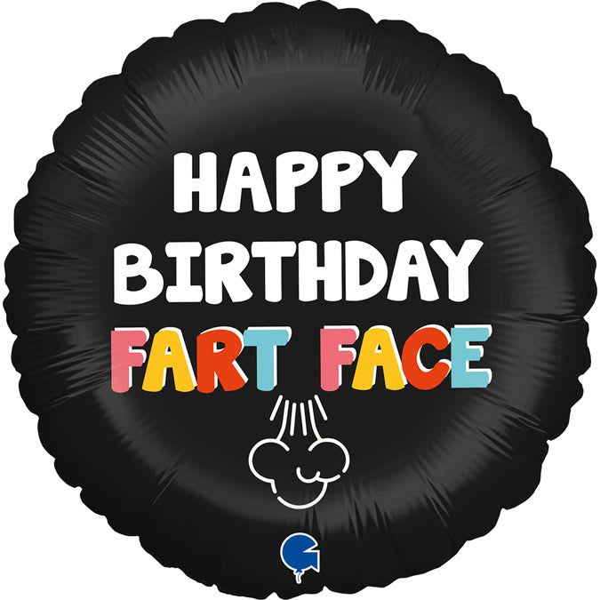 18" Happy Birthday Fart Face  - Make their birthday laugh-out-loud memorable with an 18" round foil balloon that reads "HAPPY BIRTHDAY" in bold white letters and playful multicolored "FART FACE" lettering. The high-contrast black background and bright accent colors give this party balloon a cheeky, humorous vibe perfect for a casual birthday celebration or gag gift that will make the recipient grin.  This balloon features a simple cartoon face graphic beneath the text for extra personality and a small printed logo near the edge. At 18" it's a sturdy, eye-catching addition to a table display, gift bundle, or surprise room setup - ideal for friends, siblings, or anyone with a mischievous sense of humor. Order as a standalone laugh or pair with flowers and treats to create a festive, personalized birthday gift.