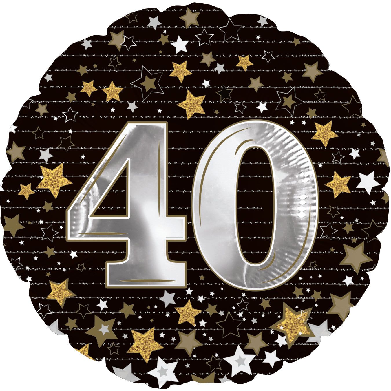 18" 40th Round number  - A bold, festive 18" round foil balloon printed with a large silver "40" at the center-perfect for a 40th birthday celebration. The black background sprinkled with gold, white, and tan stars creates a playful, milestone-ready look that will make the recipient feel celebrated and seen at any party or surprise gathering.  Durable foil construction holds helium well for long-lasting display and pairs easily with bouquets, balloon bouquets, or tabletop centerpieces to elevate the décor. Ideal for a milestone birthday cake table, entryway greeting, or porch surprise-order as a single statement piece or combine with coordinating black, white, or yellow balloons for a bigger impact.