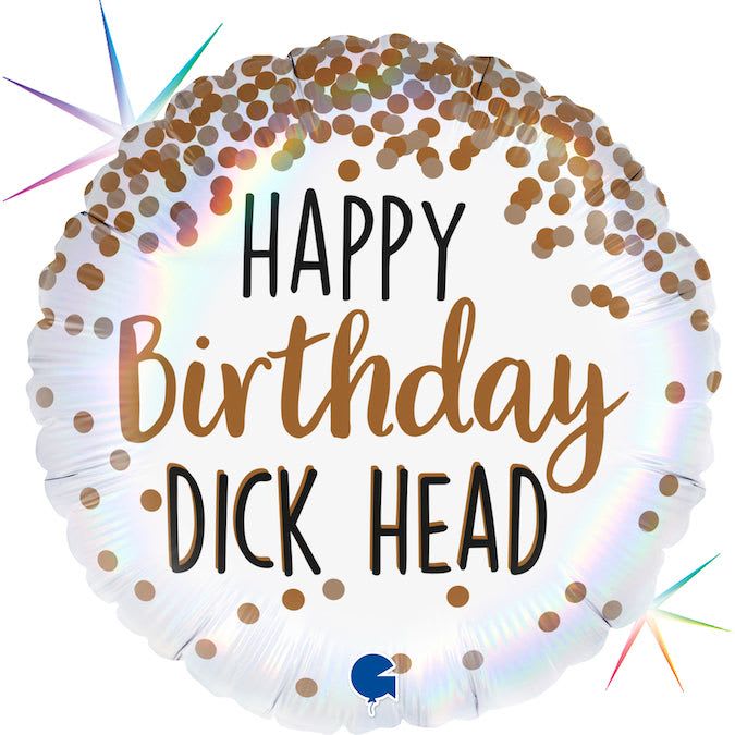 18" Happy Birthday D*** Head Mylar  - A round white foil birthday balloon with gold confetti dots and playful rainbow starburst accents gives a bright, cheeky look that's meant for prank-style celebrations. This 18" foil balloon is printed with large birthday text in bold lettering, designed to be a humorous, irreverent surprise for recipients who enjoy edgy jokes rather than a traditional sentiment.  Made from durable foil, the balloon holds helium or air for tabletop or bouquet displays and includes a small printed logo near the bottom. Available in white with gold, orange, black and mixed-color accents, it's best for informal birthday parties or gag gifts for close friends who appreciate ribbing; please consider your recipient's sense of humor before ordering.