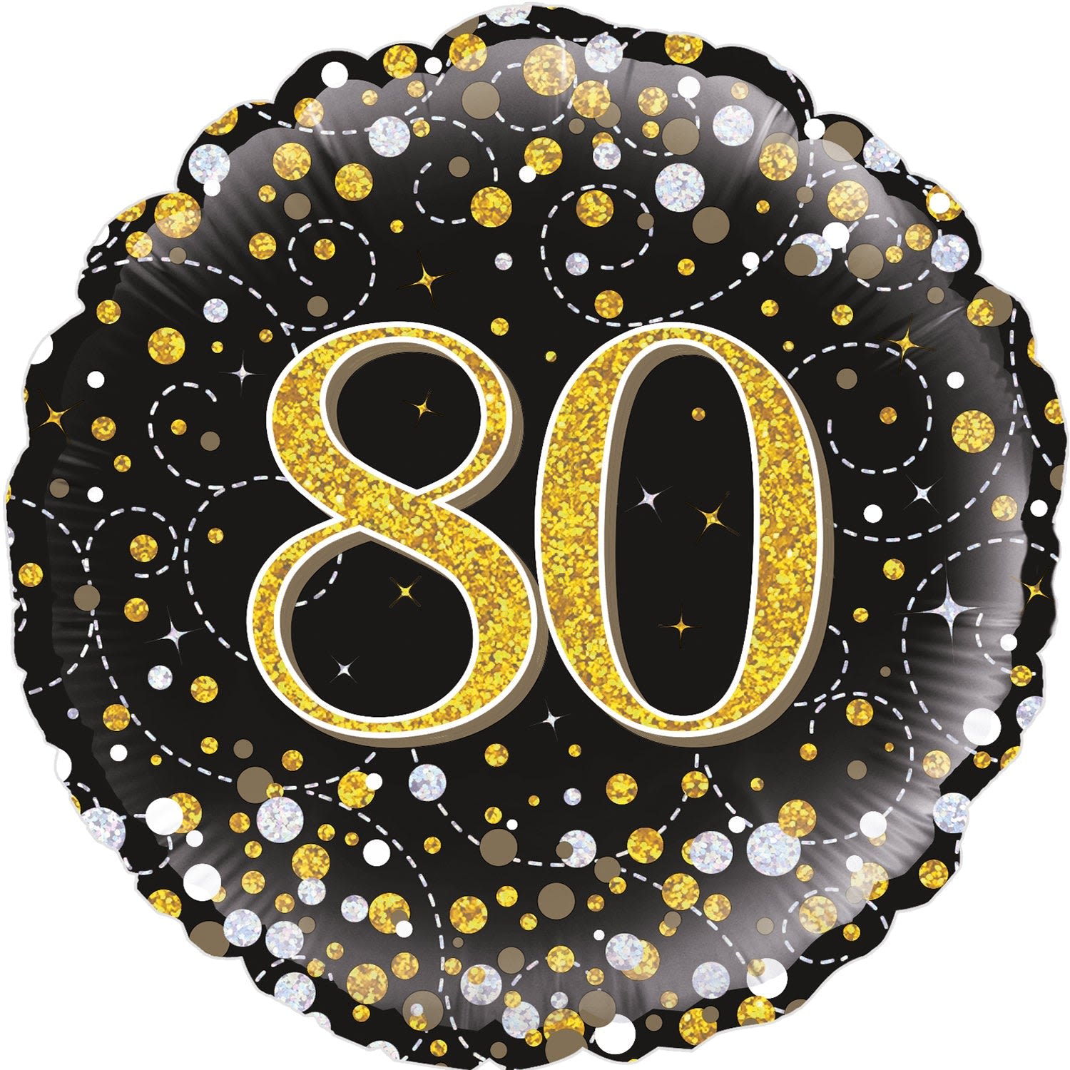 18" 80th Mylar Balloon - Make an unmistakable statement for an 80th birthday or milestone celebration with a bold, round foil balloon that reads "80" in glittering gold styling. This 18" Mylar balloon combines high-contrast black with accents of gold, white, and silver confetti dots, dotted swirl lines, and tiny starbursts to create a festive, party-ready focal point that will make the person you're celebrating feel honored and celebrated.  Crafted from durable foil, the balloon holds helium well for longer-lasting display than latex and pairs easily with other bouquets, centerpieces, or as a solo statement on a chair or podium. At 18 inches across, it's the perfect size for table décor, gift bundles, or as part of a photo backdrop-its playful sparkle and classic color palette suit elegant anniversary-style gatherings as well as lively birthday parties.  Order as a single standout accent or combine with fresh flowers and coordinating balloons for a personalized presentation that reads "milestone moment." To keep it looking its best, avoid sharp edges when transporting and request helium inflation for full float time; if uninflated, it can also be filled with air for tabletop use.