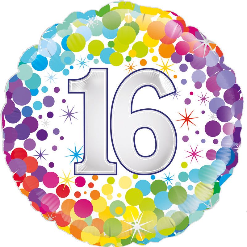 18" 16th Rainbow Mylar  - A cheerful round foil balloon printed with a bold white "16" at its center-perfect for a sweet sixteen birthday celebration. This 18" 16th birthday mylar balloon brings a playful, youthful energy with its bright mixed-color dot border and tiny starburst accents; the white center and rainbow edge create high contrast so the milestone number pops from across the room. Ideal for a birthday party or as a focal point in a gift bundle for the teen you're celebrating.  The balloon's mixed color palette includes pops of purple, blue and other vibrant hues that coordinate easily with a variety of party themes and floral gifts. As a hard good accent, it pairs well with bouquets and table arrangements to make the recipient feel truly celebrated. The 18" size is large enough to be seen in photos and at gatherings; order with same-day delivery options to ensure it arrives inflated and ready for the moment.
