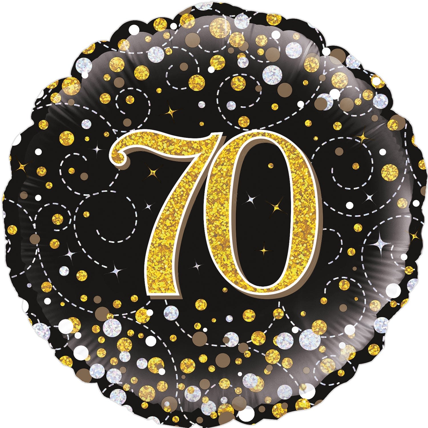 18" 70th Round Mylar  - Celebrate a major milestone with a bold, playful touch: an 18" round foil balloon designed for a 70th birthday or anniversary celebration. The round mylar balloon features a large gold glitter-style "70" at the center against a black background, making it an eye-catching focal point for a party or surprise. It's the kind of accent that will make the person you're honoring feel celebrated and seen the moment they walk in.  Printed with scattered confetti dots, dotted swirl lines, and small starbursts in gold, white, and metallic tones, this balloon pairs easily with black-and-gold themes or bright party décor. The durable foil construction holds helium well for longer float time and can also be anchored on a weight for tabletops or displays; measure roughly 18 inches across when inflated. Perfect for milestone birthday parties, anniversaries, or photo ops, it's an instant festive upgrade that sends a clear, joyful message.