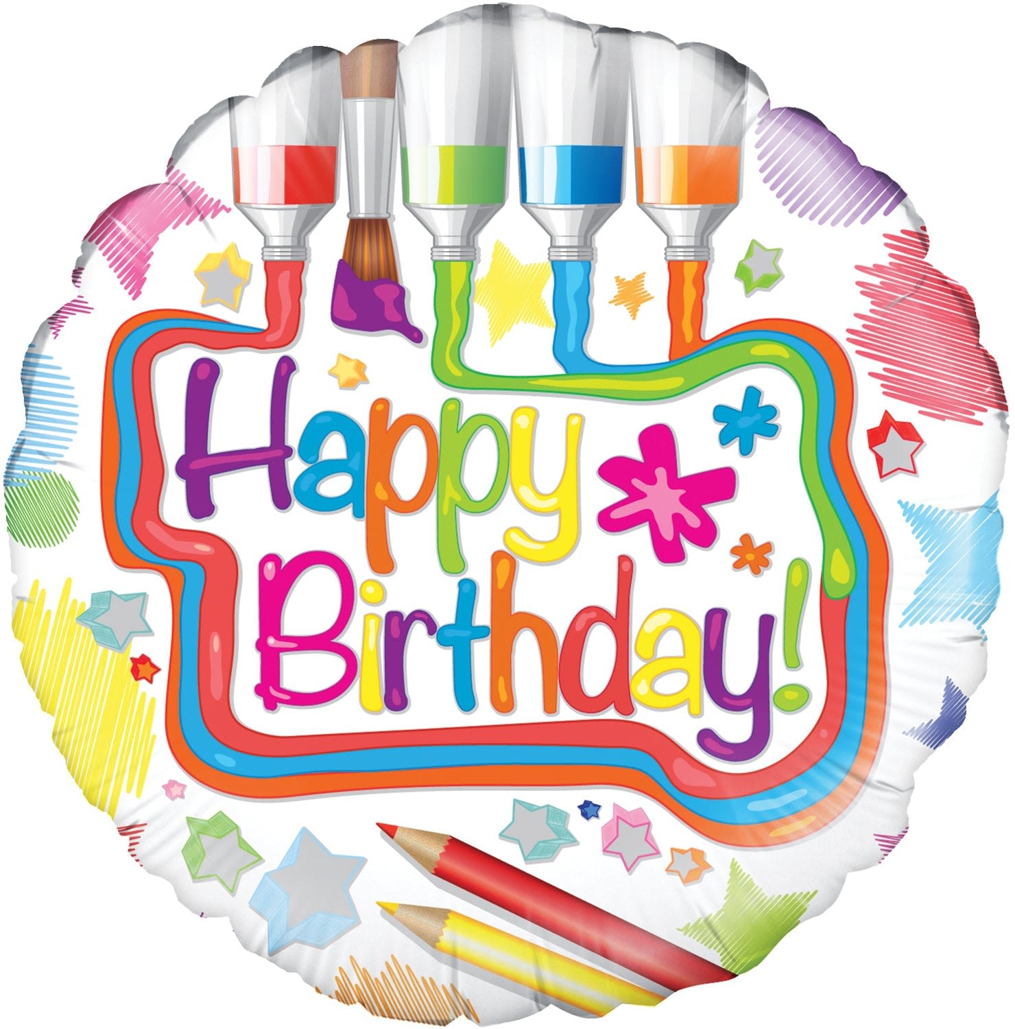 18" Artistic Birthday Balloon  - A bright, playful 18" foil birthday balloon that instantly lifts the mood-perfect as a birthday arrangement add-on or a stand-alone party accent. This round balloon features a cheerful "Happy Birthday" print in a rainbow palette with paint tubes, crayons and scattered stars on a clean white field, making it ideal for kids' parties, classroom celebrations, or anyone who loves colorful, creative style.  Lightweight and easy to pair with bouquets in white, pink and purple or mixed-color themes, the foil balloon holds helium longer than latex and adds instant height and festivity to an arrangement. It's a fun finishing touch that will make the birthday child or celebrant feel noticed and celebrated-order it tucked into a floral delivery or pick it up for same-day party-ready flair.