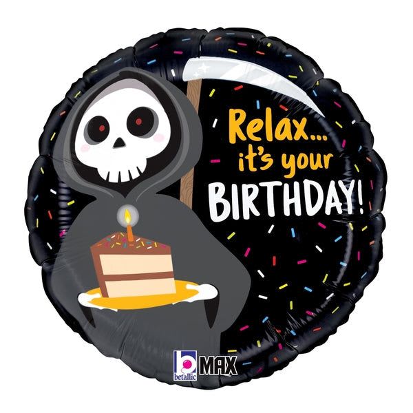 18" Grimm Reaper Mylar - Playfully spooky and unmistakably celebratory, this 18" Grimm Reaper Mylar foil balloon makes a humorous birthday surprise that's perfect for someone with a taste for the macabre. As a birthday balloon or party accent, the round black design features a hooded skeleton cheerfully holding a slice of cake with bold "Relax... it's your BIRTHDAY!" lettering-an attention-grabbing mix of Halloween flair and birthday fun that will make the recipient grin.  The balloon's black background is brightened by colorful confetti sprinkles in yellow, white, and mixed colors, creating lively contrast and a festive vibe. Made from foil, it holds helium well for longer-lasting display-ideal for table centerpieces, porch greetings, or tied to a gift. Pair it with blooms or other decorations for a themed birthday delivery, and choose helium fill at checkout if you want it ready to float when it arrives.