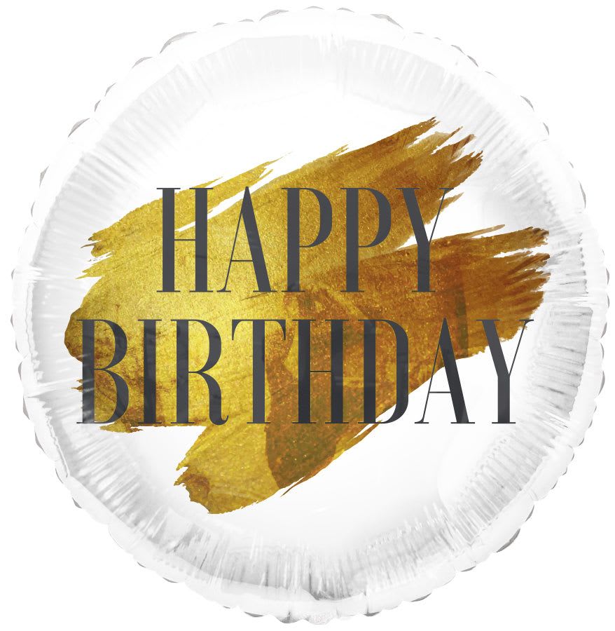 18" Gold Brushed Happy Bithday Mylar  - A round 18" foil balloon with a metallic gold brushstroke makes a bold birthday statement-perfect as a standalone birthday gift or mixed into a celebratory flower arrangement. The large, dark "HAPPY BIRTHDAY" lettering contrasts sharply against the clean white face, so the person you're celebrating will instantly feel noticed the moment they see it.  Crisp white, bright yellow and orange accents pair with the gold brushed detail to give this balloon a warm, sunny look that complements bouquets or party decor without overpowering them. The durable foil construction holds helium longer than latex, so it stays glossy and upright for the duration of your event.  Tuck this balloon into a bouquet for a cheerful tabletop centerpiece or hand it to someone as a festive surprise-the kind of finishing touch that makes a birthday feel truly celebrated. Balloon measures 18 inches and ships ready to inflate; for best results request helium when ordering so it floats throughout the party.