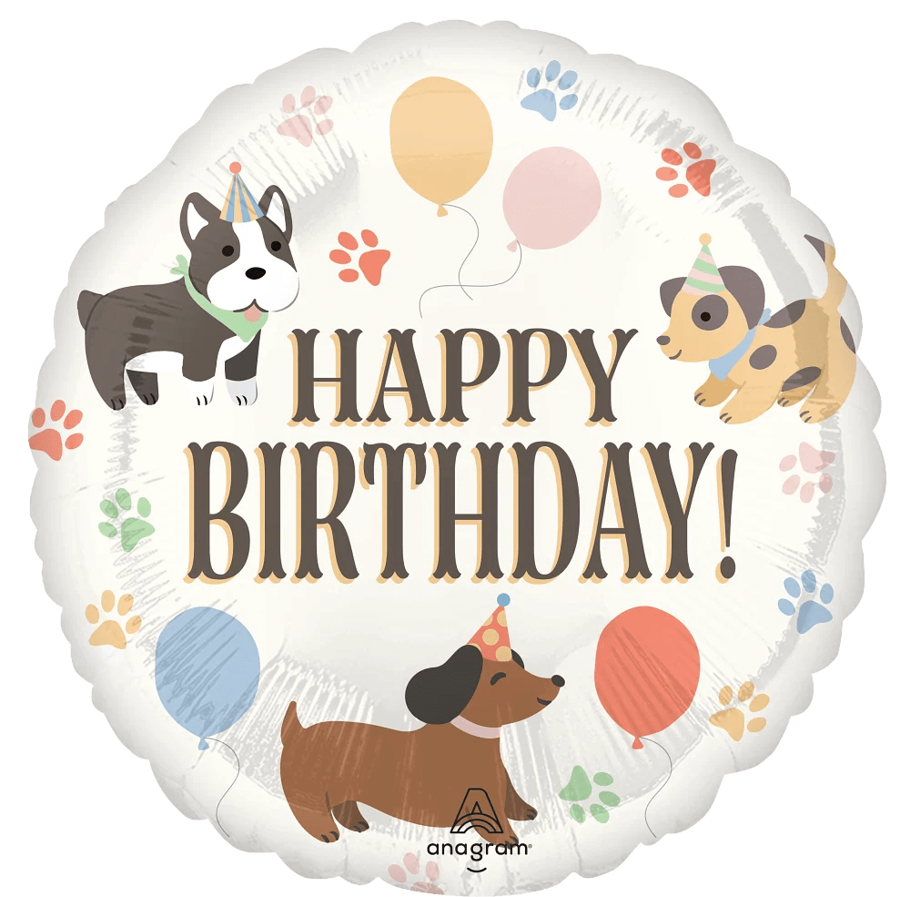 18" Happy Birthday Pups Mylar  - Bright, playful, and impossible to miss, this 18" round foil birthday balloon features illustrated pups in party hats and a "HAPPY BIRTHDAY!" message-perfect for a birthday flower arrangement or a kid-friendly celebration. The white background with scattered paw prints and pastel balloons gives a whimsical, pet-themed vibe that will make the recipient smile the moment they see it.  The balloon's mixed-color palette includes white, black, orange and soft pastels that coordinate easily with bright floral blooms or a multi-colored arrangement. Made of durable foil, it holds helium well for display above a bouquet or tied to a centerpiece for an instant festive touch. It's an easy way to add personality for dog lovers, children, or anyone who appreciates a cheerful, lighthearted accent to their birthday flowers.