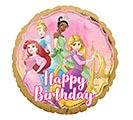 18" Disney Princess Happy Birthday Mylar - A cheerful, whimsical birthday accent that will make any little princess feel celebrated - this 18" Disney Princess Happy Birthday Mylar is a playful foil balloon perfect for a children's birthday or party decoration. Brightly colored images of four beloved Disney princesses float against a pastel pink background with a gold border and "Happy Birthday" lettering, giving the gift an instantly festive, storybook feel that delights young recipients.  Pair this round foil balloon with a matching pink, purple, yellow, or mixed-color bouquet to create a themed arrangement that reads as both gift and centerpiece. The durable 18" foil balloon adds height and visual pop above flowers and is ideal for gifting to girls who love princess characters or for coordinating with party décor. For easy celebration-ready delivery, order the balloon to accompany your chosen floral arrangement and we'll assemble it so the recipient feels truly celebrated.