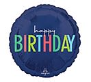 18" Blue Happy Birthday Mylar - A bold deep-blue foil balloon printed with multicolored "happy BIRTHDAY" lettering makes an instantly cheerful birthday gift or party add-on. This 18" round Mylar balloon brings a playful pop of color and a festive, celebratory vibe-perfect for birthdays, milestone parties, or to top off a gift for the person you're celebrating.  Lightweight and easy to pair with bouquets or gift deliveries, the single-item composition is ideal when you want a quick, joyful accent that says "celebrate" without fuss. Balloon measures 18", comes inflated with helium upon request, and holds up well indoors at parties or as a delivery topper to make the recipient feel noticed and celebrated.