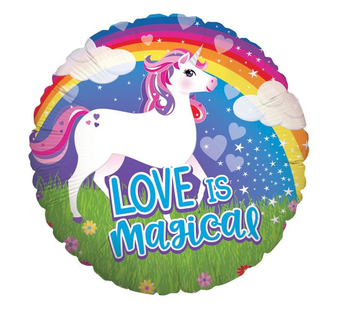 18" "love is Magical" Unicorn Mylar - A whimsical 18" round foil balloon printed with a white unicorn and the phrase "Love is Magical" brings playful magic to birthdays, baby showers, or any celebration for a child or unicorn-lover. As a gift accent or party decoration, this pink, purple, blue, yellow and white design reads as joyful and celebratory-perfect for making the person you're thinking of feel delighted and extra-special.  The balloon's deep blue sky background is sprinkled with hearts, stars, clouds and a rainbow arc for a bright, kid-friendly look that pairs beautifully with pink and purple floral bouquets or candy gifts. Made of durable foil, it holds helium longer than latex and adds an instant focal point to a table or gift cluster. Order it as a standalone surprise or tack it onto a mixed arrangement to lift the whole presentation-no complicated care required beyond standard helium handling and gentle indoor display.
