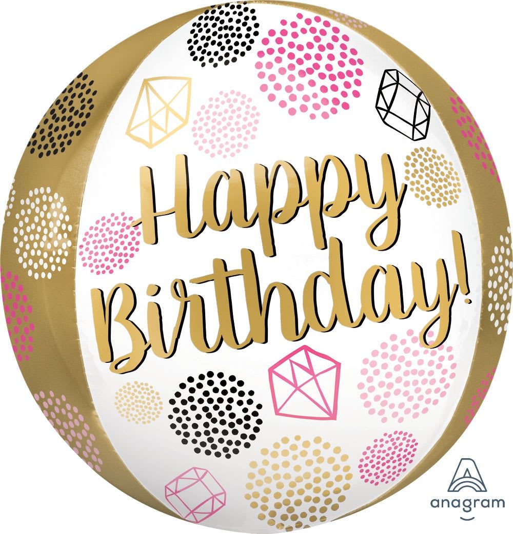 22" Gold and White Happy Birthday Orb - A bright, modern birthday balloon that reads "Happy Birthday!" in large gold script - the Gold and White Happy Birthday Orb is a cheerful party-ready foil balloon perfect for birthdays and celebratory moments. The white round orb is decorated with playful dot clusters and geometric gem shapes in pink, black, and gold, creating an energetic, contemporary look that will make the person you're celebrating feel noticed and celebrated.  Lightweight and easy to display, this round foil balloon is ready to be paired with weights, bouquets, or used as a focal party decoration. It's a no-fuss way to add height, shine, and a festive vibe to a birthday table, entryway, or gift package; because it's foil, expect long-lasting helium float compared with latex. Order it alone or combined with flowers and our delivery team will make sure it arrives ready to brighten the celebration.