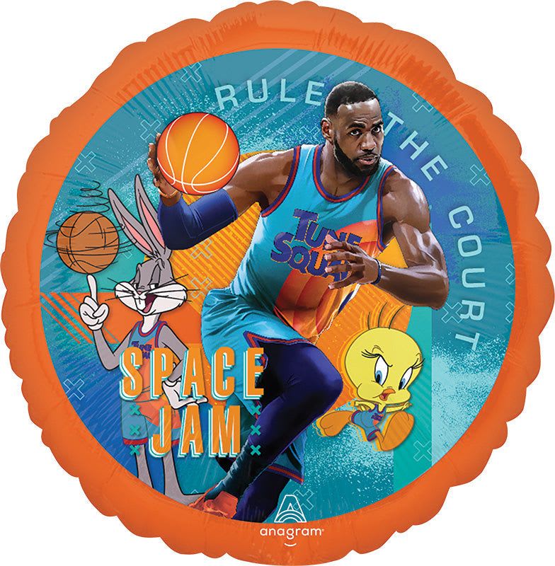 18" Space Jam - Step onto the court with a playful, party-ready Space Jam balloon arrangement that makes a bold birthday or basketball-themed celebration pop. The 18" round foil balloon features a large central basketball player illustration alongside Bugs Bunny and Tweety on a bright blue and orange background-an energetic visual that signals fun the moment the recipient sees it. This is the kind of gift that makes a kid (or kid-at-heart) feel seen and excited for the party ahead.  The foil balloon's vivid blues, oranges, yellows and mixed-color accents deliver strong, cartoon-style graphics that stand out in photos and fill a room with color. Sized at 18 inches, it works perfectly as a solo statement piece on a table, an eye-catching topper for a bouquet, or as part of a larger display for a sports-themed event. Durable foil construction keeps the design crisp so the recipient enjoys the bold imagery throughout the celebration.