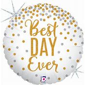 18" Best Day Ever Mylar - A cheerful round white foil balloon printed with "Best Day Ever" in gold lettering-this 18" mylar balloon is a festive finishing touch for birthday parties, graduations, or any joyful milestone. The gold script pops against the clean white field while scattered confetti dots in gold, silver, and pale lavender add sparkle and motion so the person you're celebrating feels truly honored.  Lightweight and easy to display, the 18" foil design holds helium well for table centerpieces, gift bundles, or a single celebratory accent tied to a gift. Colors-white, yellow (gold), and soft purple-pair nicely with bright bouquets or party decor; no floral material is included. Order wrapped with your arrangement or alone and we'll inflate and secure it so it arrives ready to brighten their day.