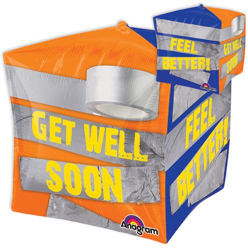 22" Get Well Soon Cube Mylar - A playful, high-contrast get well gift that reads "GET WELL SOON" in bold lettering-this 22" Get Well Soon Cube Mylar balloon is the perfect cheerful complement for a hospital visit or a home recovery surprise. As a get-well gift, it helps the person you're thinking of feel noticed and lifted with bright orange, blue, yellow and silver panels that catch the eye and send an upbeat message of care.  This novelty foil balloon is shaped like a wrapped gift box and includes a white cylindrical attachment on the front, giving it a fun, celebratory look rather than a traditional floral arrangement. At 22 inches, it's large enough to stand out on a bedside table or next to a vase of flowers and pairs easily with mixed bouquets in coordinating colors. Order for same-day pickup or delivery to brighten someone's recovery and let them know you're wishing them a speedy return to health.
