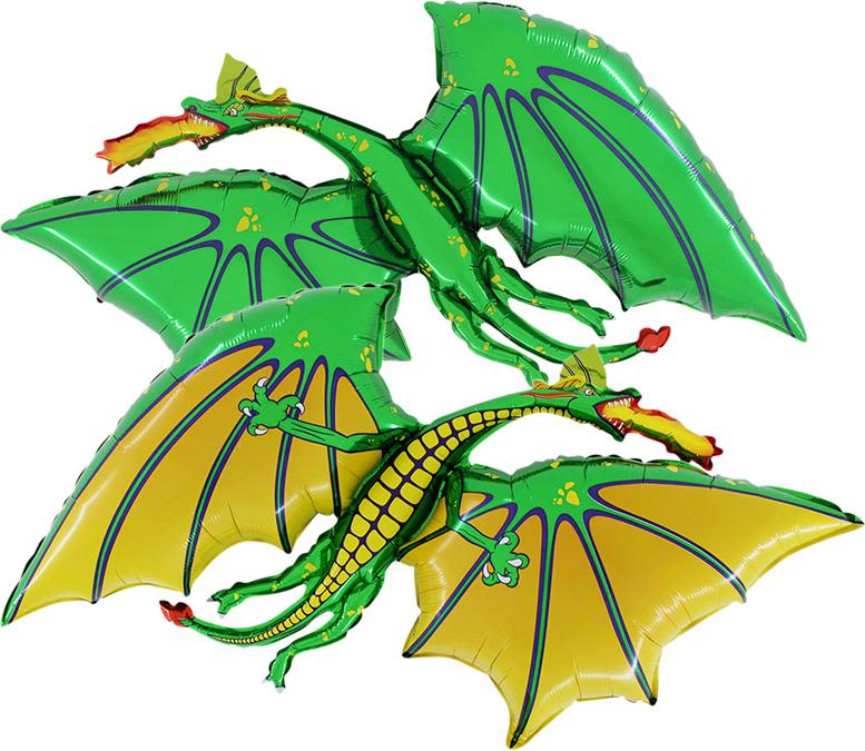 36" Jumbo Dragon Mylar - Two glossy dragon-shaped mylar balloons bring a burst of playful fantasy to any celebration - perfect as a birthday bouquet topper or a whimsical party centerpiece for kids. This 36" jumbo dragon mylar arrangement reads like a festive gift add-on that will make the child or dragon-lover feel celebrated and delighted the moment it arrives.  The set includes two large foil balloons in bright green with bold yellow wings and purple detailing, posed in a dynamic overlapping display that creates movement and visual impact. Their metallic sheen and vivid red accents catch light for eye-catching sparkle; balloons arrive ready to float and pair beautifully with floral bouquets or stand alone as a colorful surprise. Order for same-day pickup or delivery to make a party feel instantly more joyful - no watering or care required.
