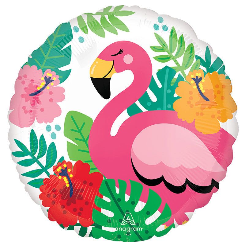 18" Flamingo Mylar - A cheerful 18" Flamingo Mylar balloon brings instant tropical fun to birthday parties, summer celebrations, or a playful congratulations moment. The round foil design features a bright pink flamingo surrounded by stylized hibiscus-like blooms and palm accents, so the person you're celebrating will instantly get a festive, sunshine-filled vibe.  Colors pop in pink, teal, green, yellow, and orange against a white background for a whimsical, eye-catching look that pairs well with tropical or luau-themed décor. Because it's a foil balloon, it holds helium longer than latex and is easy to anchor to a weight or tie into a centerpiece for tables or gift displays.  Perfect for pool parties, milestone birthdays, or just to make someone smile, this balloon is an effortless way to set a joyful tone. Order ready-to-use or add matching accents from our shop to create a coordinated tropical presentation.