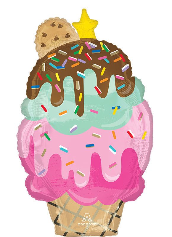 30" Ice Cream Mylar - A whimsical, dessert-themed foil balloon shaped like a stacked ice cream cone - perfect as a playful birthday accent or celebration gift. This 30" ice cream Mylar brings a cheerful, party-ready vibe to any occasion and is ideal for birthdays, kid-friendly events, or as a fun add-on to a gift set for someone who loves quirky treats.  The balloon features three scoops in pastel pink and mint topped by a chocolate-colored scoop with colorful sprinkle details and a bright yellow star accent, all resting above a cone base. At 30 inches, it's large enough to serve as a focal point on a table or to pair with bouquets and gift items for a coordinated look.  Give the person you're celebrating something that makes them smile - this balloon reads as joyful and lighthearted, the kind of surprise that brightens a room. Inflated with helium it will float, or it can be used uninflated as a decorative prop; please request helium at checkout if you want it ready to float.