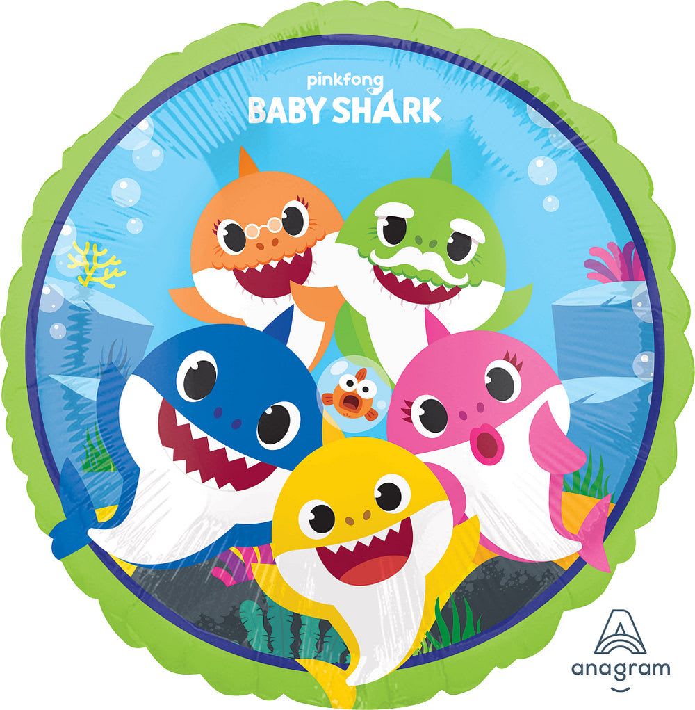 18" Baby Shark Mylar - Make any child's birthday or celebration shine with a playful 18" Baby Shark foil balloon-the perfect party accessory for a kids' birthday or under-the-sea themed event. The round balloon features vibrant Pinkfong Baby Shark characters against a blue underwater background and a green scalloped border, sending an instantly cheerful, kid-friendly message that the person you're celebrating is the star of the party.  Bright cartoon faces in orange, green, blue, pink, and yellow give this foil balloon bold, photo-ready color that pairs easily with other balloons and table decorations. The durable foil construction holds helium longer than latex and makes setup simple-tie to a weight or add to a bouquet for an eye-catching centerpiece. Ideal for birthday parties, classroom celebrations, or a surprise for a little shark fan, this balloon arrives ready to inflate and delights with its whimsical, energetic design.