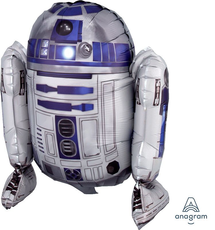 42" JUMBO R2-D2 Star wars Airwalker- DOES NOT FLOAT - A gleaming 42" jumbo R2‑D2 foil balloon makes an unmistakable statement for a birthday or themed Star Wars celebration - the kind of gift that will make the recipient light up the moment they see it. This character-shaped airwalker is designed to look like the beloved droid with a silver body, blue panel accents and black printed mechanical details, creating an instant fan-favorite focal point for parties and milestone moments.  Crafted from glossy metallic foil, the 42" figure features the rounded dome top and side appendages that give R2‑D2 its playful silhouette and highly recognizable sci‑fi charm. Colors are bright blue, white/silver and black with detailed printing to suggest panels and controls; the size and reflective finish make it ideal for photos and room décor. Note: this jumbo foil airwalker is a hard-good novelty item that does not float.  Perfect for surprising a Star Wars enthusiast, decorating a themed event, or adding whimsy to a birthday display, this R2‑D2 balloon says "you're celebrated" in a fun, on‑brand way. Because it's a foil balloon, keep it away from sharp objects and extreme heat; order day-of delivery when possible to ensure maximum impact at the party.