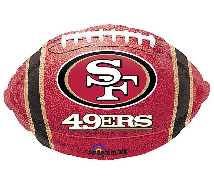 18" San Francisco 49ers Football Mylar - A bold, game-day ready foil football that instantly says "49ers fan" - perfect as a fan gift, tailgate accent, or sports-themed party pick-me-up. This 18" San Francisco 49ers football-shaped mylar balloon brings team spirit to birthdays, watch parties, or congratulating someone after a big win, making the recipient feel celebrated and part of the action.  The red football-texture balloon features white laces, black and gold striping, and the team logo and name across the center for a striking, authentic look. Durable foil construction holds helium or air well and pairs easily with a weight or centerpiece display for tables and entryways.  Makes a quick, spirited add-on to bouquets or party decor for the 49ers supporter in your life - the kind of finishing touch that makes them feel seen. Balloon measures 18 inches and ships ready to inflate; if you'd like it filled with helium, choose the inflation option at checkout.