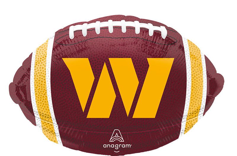 18" Washington Commanders Football Mylar - A bold, game-day-ready accent that cheers on the recipient - this 18" Washington Commanders football Mylar adds instant team spirit to any congratulatory or celebration display. Perfect for a birthday, graduation, or victory party, the football-shaped foil balloon reads as spirited and festive alongside floral arrangements or on its own as a celebratory topper.  The glossy dark-red balloon features yellow end panels and white lacing details with a large yellow "W" centered on the face, creating a clean, athletic graphic that pops in photos. At 18 inches, it's substantial enough to be a focal point on a table or tied into a bouquet; the durable foil keeps its shape and shine longer than latex.  Choose this Mylar for the fan who deserves a standout moment - she'll feel recognized and celebrated whether you're marking a game-day win, a graduation milestone, or simply saying "congrats." Balloon inflates with helium or air; foil construction helps retain float longer than standard balloons.