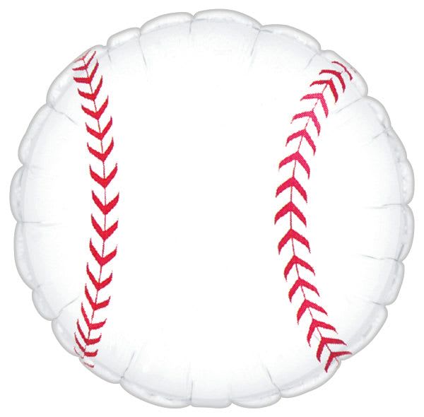 18" Baseball Mylar - A cheerful 18" baseball-shaped Mylar balloon makes a fun, sporty touch for a birthday, team celebration, or any baseball party. This white balloon features bold red stitched-seam graphics on both sides, so it reads clearly from across the room and instantly signals the occasion-perfect for fans, players, or the person you're cheering on.  Measuring approximately 18 inches, the lightweight foil balloon holds helium or air on a stick for easy placement with centerpieces or gift deliveries. With its clean white field and bright red accents, it pairs well with red-and-white floral arrangements or can stand alone as a playful accent to congratulate a player, celebrate a game-day win, or add spirit to a party. Order with same-day local delivery to make sure it arrives ready to float at the event.