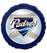 18" San Diego Padres Baseball Mylar - A bold, team-spirited foil balloon that instantly says "Let's celebrate" for the Padres fan in your life - perfect for a birthday, game-day party, or congratulating someone on a big win. This 18" San Diego Padres baseball Mylar serves as a sporty accent to any celebration, and places the occasion and recipient front and center: the person you're honoring will feel proudly recognized for their team loyalty.  The round foil balloon features a central Padres logo set against dark blue, light blue, and white panels with a baseball-stitching motif framing the emblem. Designed as a standalone fan gift or as an add-on to floral arrangements and party décor, it inflates to 18" across and arrives ready to fill with helium or air. Ideal for tailgates, locker-room surprises, or a themed party table, it's an easy way to make a fan feel celebrated - no special care required beyond standard foil balloon handling and keeping it away from heat and sharp objects.
