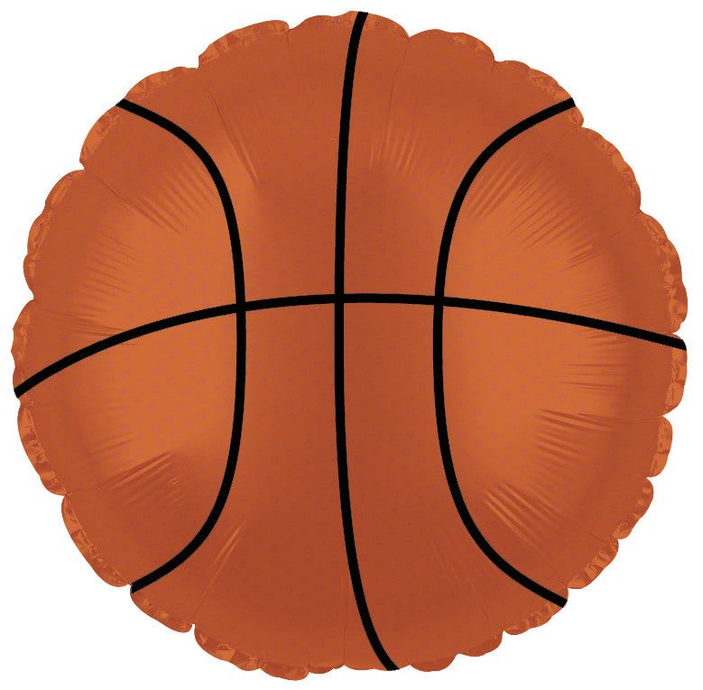 18" Basketball Mylar - A glossy, basketball-shaped 18" Mylar balloon in vibrant orange with bold black court lines brings instant team spirit to birthdays, game-day celebrations, or congratulating a player. This playful, sporty balloon makes the recipient feel cheered on and celebrated-perfect for a teen's birthday, a coach's thank-you, or a victory party.  The balloon's flat, graphic design and scalloped metallic edges catch light for extra pop on photos and at events. Sized at 18 inches, it's an easy standout on its own or paired with bouquets, table centerpieces, or a themed balloon cluster. Crafted from durable foil, it holds helium longer than latex-order with or without a weight and let us know event timing for best inflation and delivery.