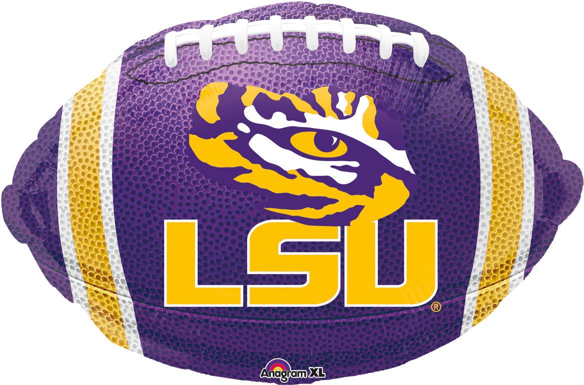 18" Louisiana State University Football Mylar - A bold, football-shaped foil balloon in LSU purple and gold that reads like a rallying cheer for the Tigers - perfect for a graduation, birthday, or game-day celebration. This 18" Louisiana State University Football Mylar brings collegiate spirit and instant visual impact to any party or tailgate, making the person you're honoring feel celebrated and part of the team.  The balloon features a purple field with gold accents and white laces, large LSU lettering and a tiger eye graphic for unmistakable school pride. As a single high-contrast foil balloon, it pairs easily with bouquets or stands on its own as a spirited gift topper; it inflates to an 18-inch diameter and arrives ready to float. Ideal for fans, grads, or anyone who bleeds purple and gold - add it to your order to make the moment feel athletic, festive, and distinctly LSU.