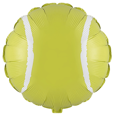 18" Tennis Ball Mylar - A bright, playful tennis-ball foil balloon adds instant energy to a birthday, congratulations, or tennis-themed celebration. This 18" round mylar balloon reads as a fun, sporty accent that makes the recipient feel cheered and celebrated-perfect for the player, coach, or fan you're honoring.  The balloon features a vivid yellow metallic sheen with two crisp white curved stripe details and visible panel seams that catch the light for extra pop. Lightweight and easy to pair with floral bouquets or gift arrangements, it ships ready to inflate; order timing and helium options are available at checkout so it arrives ready to display.