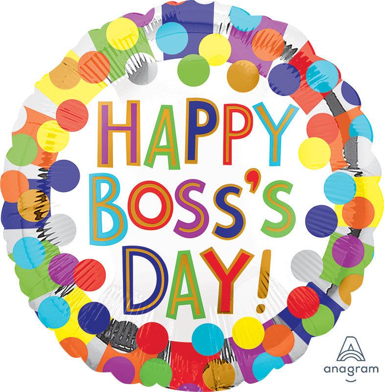 18" Happy Boss's Day Mylar  - Surprise the person who leads your team with a festive 18" Happy Boss's Day Mylar balloon that says it plainly and cheerfully - perfect for a Boss's Day celebration or workplace gift. The round foil balloon features large multicolored lettering on a clean white background, so the message reads clearly across a desk, conference room, or gift bundle.  Bright confetti-like dots in mixed colors (white, blue, red and other accents) frame the design for a playful, celebratory look that pairs well with a small bouquet or gift basket. The durable foil construction holds helium longer than latex, making it ideal for office displays or sending with a delivery to make your boss feel recognized and appreciated.