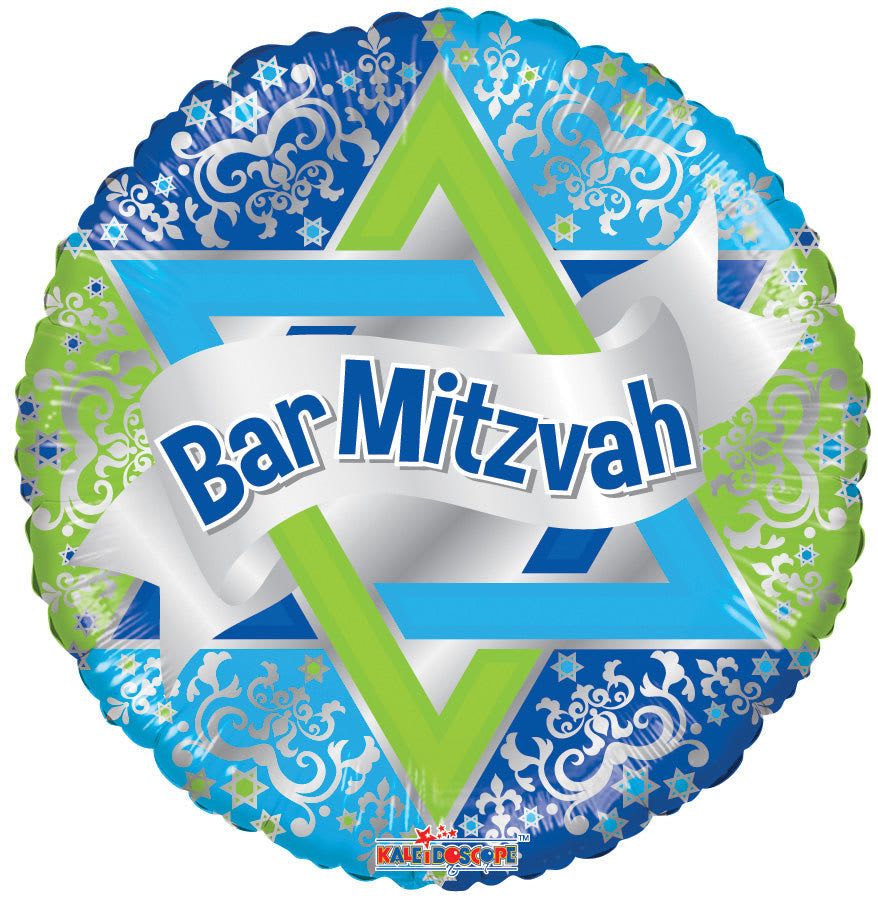 18" Bar Mitzvah Mylar - A bright, celebratory foil balloon designed for a Bar Mitzvah that instantly signals the occasion. This 18" round Mylar balloon features a prominent Star of David in blue and green with white ornamental scrollwork and small star accents; the center ribbon graphic reads "Bar Mitzvah" in bold blue lettering so the recipient will immediately know the celebration is theirs. Perfect for a Bar Mitzvah, Shabbat party, or Jewish milestone, it adds festive height and color to any table, gift bundle, or balloon bouquet.  Made from durable foil, this 18-inch balloon holds helium longer than latex and keeps its crisp colors and sharp graphics throughout the event. Pair it with coordinating blue, green, or white balloons, attach to a weight for centerpieces, or include it with a floral arrangement to make the honoree feel truly celebrated. Available for same-day pickup or delivery through our store-specify if you'd like it filled with helium when you place your order.
