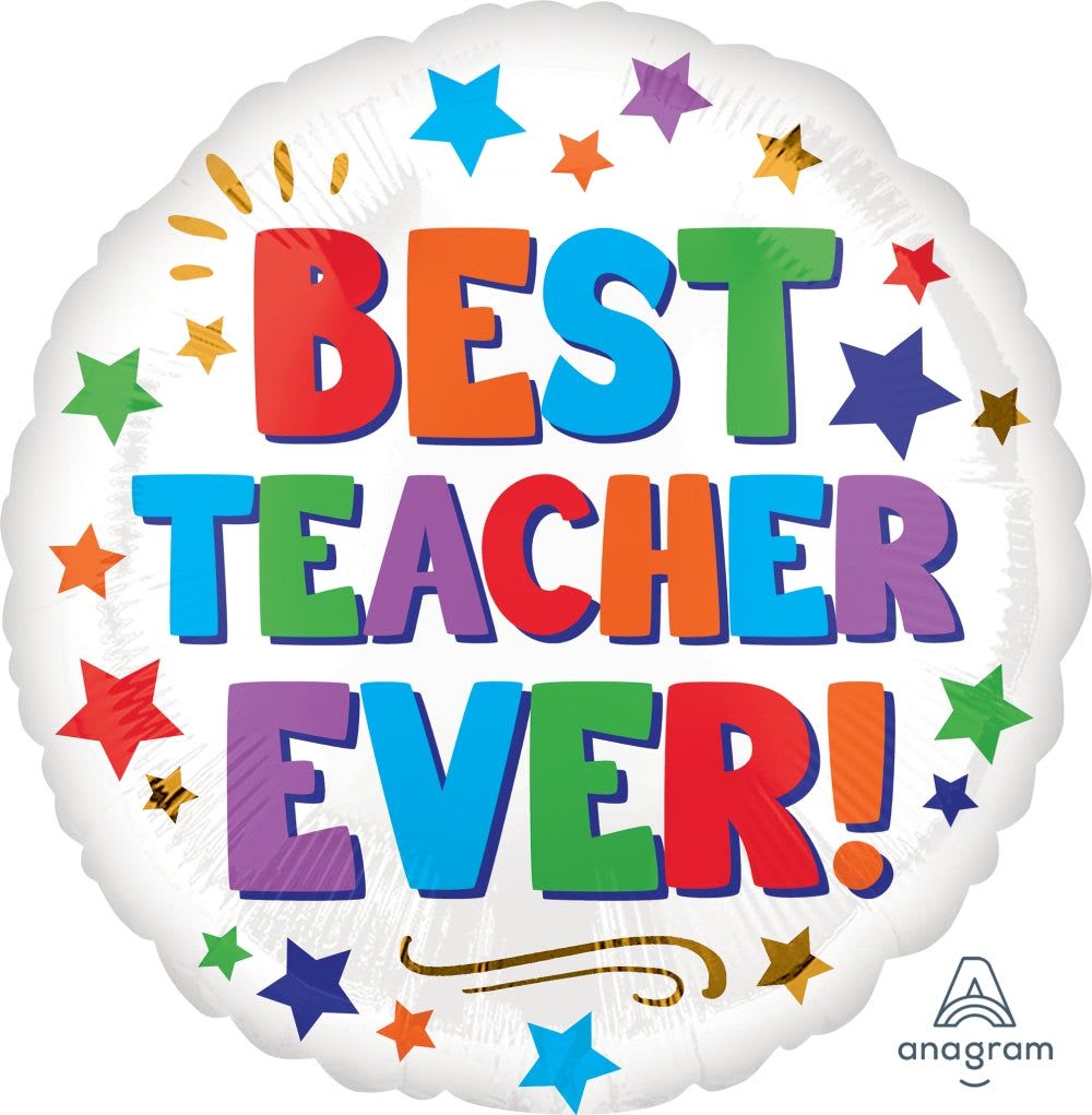 18" Best Teacher Ever Mylar - Make their day with a glossy 18" round foil balloon that proclaims "BEST TEACHER EVER!"-the perfect school recognition gift or teacher appreciation surprise. Bright, multicolored lettering and scattered stars in blue, red, white and mixed hues give this celebratory balloon a playful, proud look that will make the recipient feel seen and celebrated in front of students or colleagues.  The crisp white background and bold, primary-color accents ensure the printed message pops from across the classroom or at an event, and the shiny foil finish adds an upscale, festive sheen. Lightweight and easy to pair with bouquets or a classroom gift basket, this foil balloon arrives ready to inflate and display-an instant, cheerful way to say thank you that fits into teacher appreciation weeks, end-of-year parties, or any moment you want to honor a special educator.
