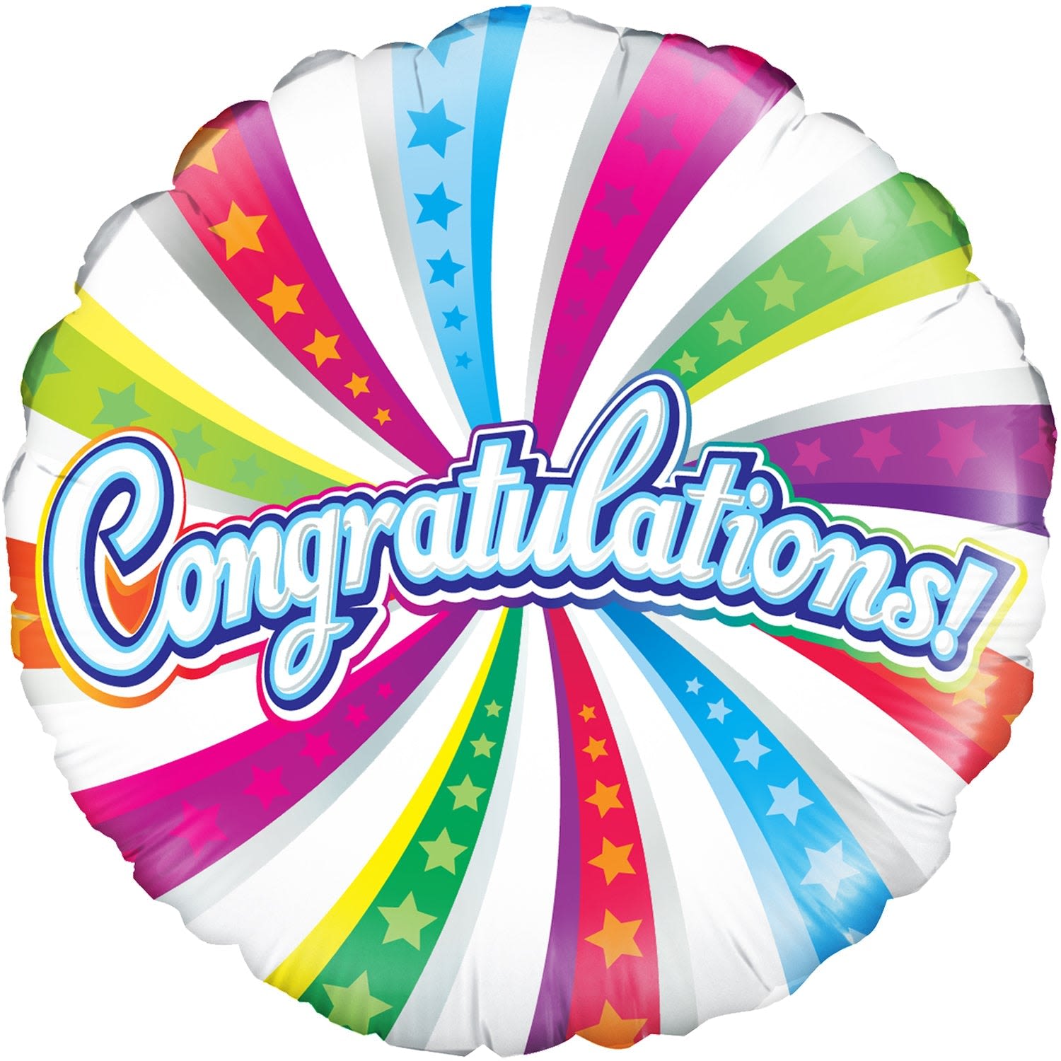 18" Congratulations! Mylar - A bright, celebratory 18" Congratulations! Mylar balloon that makes the recipient feel noticed the moment they enter the room - perfect as a congratulatory gift or party decoration for graduations, promotions, new babies, or any milestone. The round foil balloon's white base lets the radiating rainbow-colored stripes and star accents pop, while the bold blue-and-white script "Congratulations!" in the center delivers the message with cheerful energy.  Durable foil construction holds helium longer than latex, so the balloon stays buoyant for days as a tabletop or floating accent. Available in white with mixed-color, pink, or blue accents to match the occasion, it's an easy add-on that pairs well with bouquets, gift baskets, or party arrangements. Order singly for a small celebration or combine with other pieces for a larger display - simple to ship, quick to inflate, and ready to lift someone's spirits.
