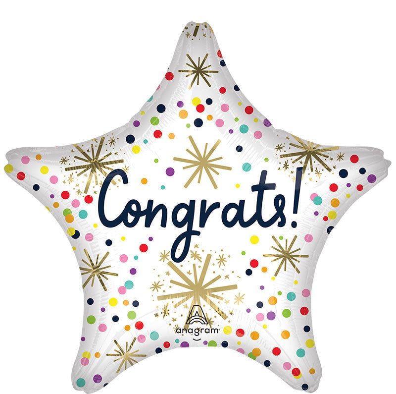 18' star Shaped Congrats! Mylar - This star-shaped foil balloon bursts with celebration-the 18" star-shaped "Congrats!" mylar balloon is printed in dark blue script on a white field sprinkled with multicolored confetti dots and gold burst accents, making it perfect as a congratulatory gift for graduations, promotions, or any milestone moment. As a festive accessory for a party or a thoughtful add-on to a gift bouquet, it announces joy from across the room and makes the recipient feel recognized and celebrated.  The balloon measures 18 inches and is a durable foil mylar that holds helium longer than latex, maintaining its shape and shine for the event. Its bright blue, white, and mixed-color confetti palette pairs easily with school colors or party themes and ships ready to float or attach to a weight with ribbon for tabletop or delivery presentation.  Ideal for grads, coworkers, new parents, or anyone who just nailed a big moment, this cheerful star adds instant uplift to floral arrangements or gift baskets. Order it to accompany flowers or as a stand-alone congratulatory surprise; for helium deliveries, request helium at checkout to ensure it arrives ready to delight.