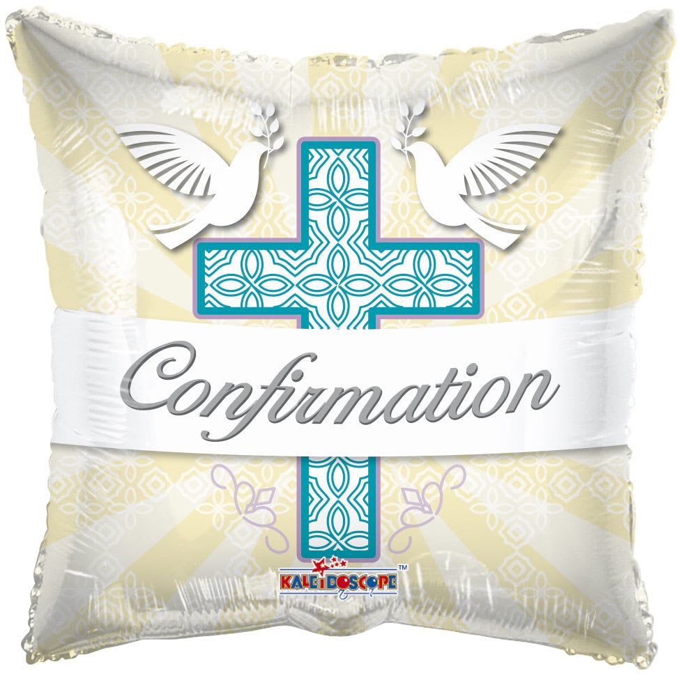 18" Confirmation Square Mylar - A soft pastel keepsake designed for a special faith milestone, this 18" Confirmation square decorative pillow makes a thoughtful confirmation gift or church celebration present. The pillow features a large turquoise cross centered on a pale yellow and white patterned background, accented by two white doves and a white script band that reads "Confirmation," so the recipient will immediately feel honored and remembered on their day.  Colors of pale yellow, turquoise blue, white and a touch of purple give the pillow a calm, uplifting look that suits a youth or adult recipient and works well for keepsake displays at home, on a pew, or in a bedroom. The square shape and 18-inch size offer a visible, presentable item that pairs nicely with a bouquet or other church gifts when you want to mark the sacrament with something both decorative and meaningful.